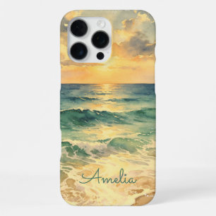 Aesthetic Beach Sunset Watercolor Custom Name iPhone 16 Pro Max Case