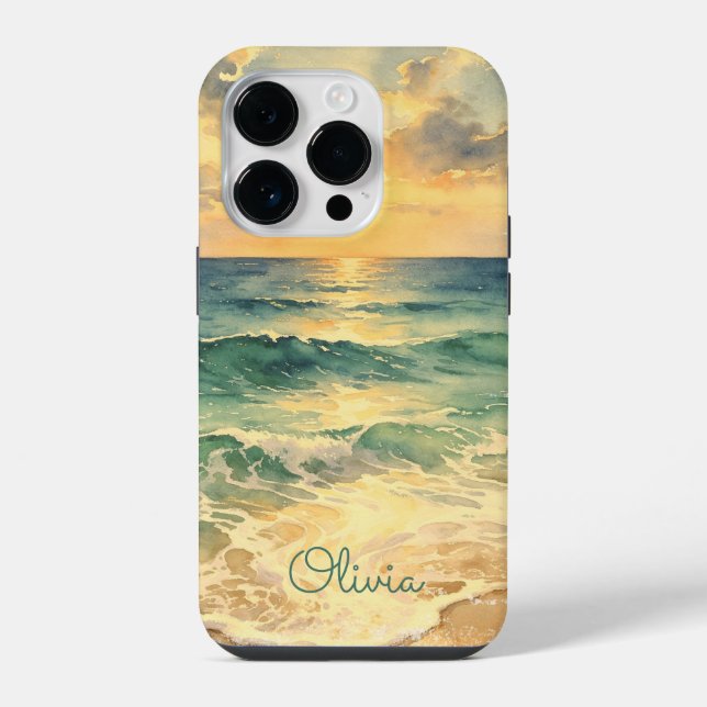 Aesthetic Beach Sunset Watercolor Custom Name iPhone Case (Back)