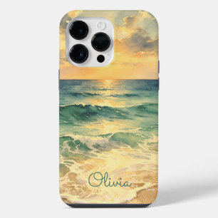 Aesthetic Beach Sunset Watercolor Custom Name iPhone 14 Pro Max Case