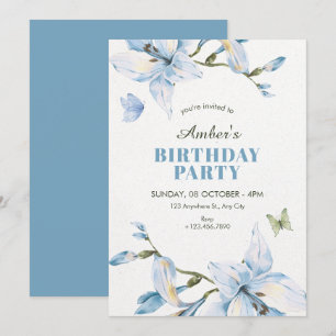 Aesthetic blue flower bloom birthday invitation