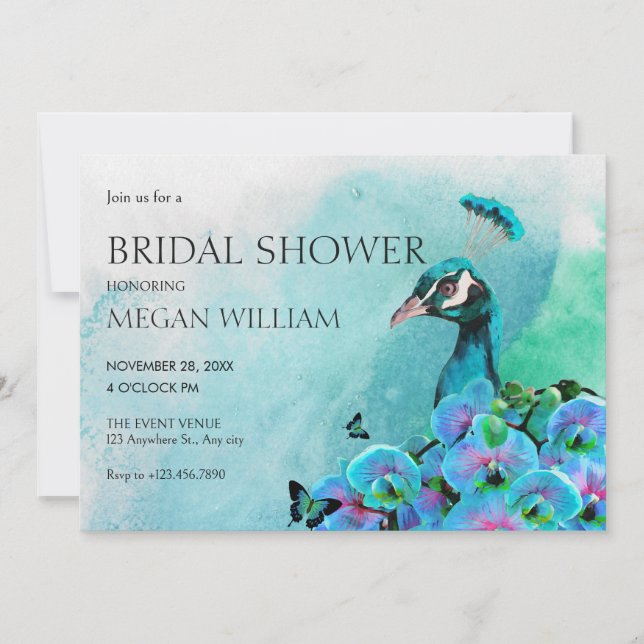 Aesthetic Blue Peacock Bird bridal shower Invitation (Front)