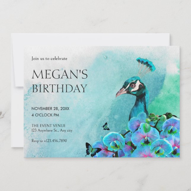 Aesthetic Blue Peacock Bird  Invitation (Front)