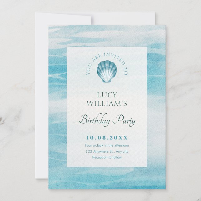 Aesthetic blue sea birthday invitation (Front)