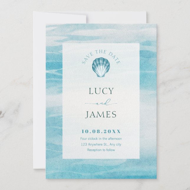 Aesthetic blue sea wedding save the date (Front)