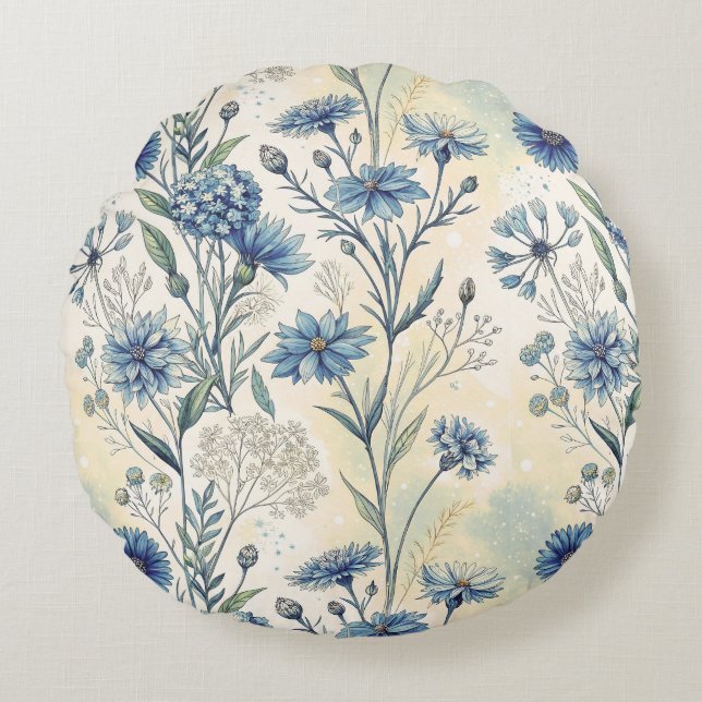 Aesthetic Blue Wildflowers Round Pillow (Front)