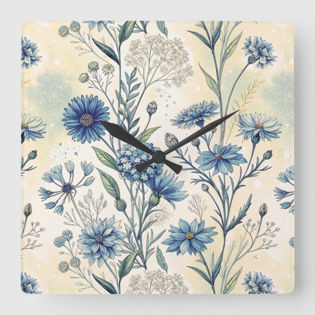 Aesthetic Blue Wildflowers Square Wall Clock (Front)