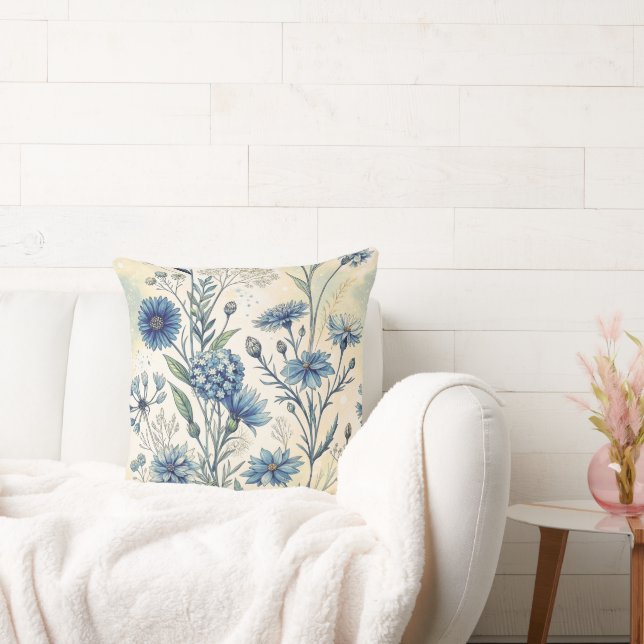 Aesthetic Blue Wildflowers Throw Pillow (Couch)