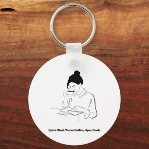 Aesthetic Book and Coffee Line Art T-Shirt Keychain