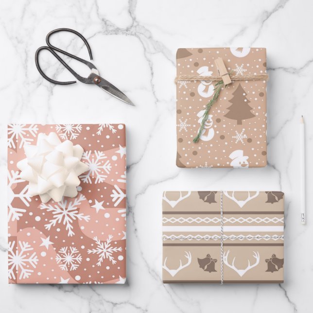 Aesthetic Brown Snowflakes, Snowmen and reindeer Wrapping Paper Sheet (Front)