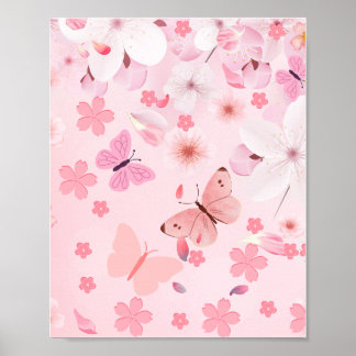 Aesthetic Cherry Blossom & Butterfly Floral Wall Poster