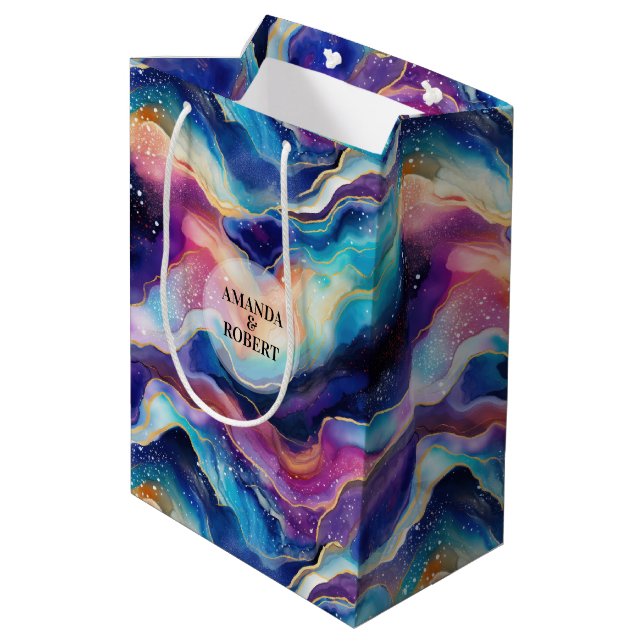 Aesthetic colourful rainbow agate glitter monogram medium gift bag (Back Angled)