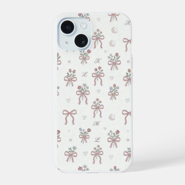 Aesthetic Coquette Bow & Initial Repeat Pattern Ph iPhone 15 Case (Back)