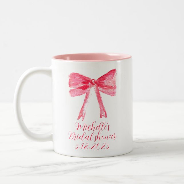 Aesthetic Coquette Pink Bow Elegant Bridal Shower Two-Tone Coffee Mug (Left)