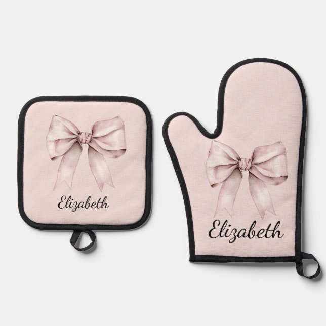 Aesthetic coquette pink bow Personalized Name Oven Mitt & Pot Holder Set (Front)