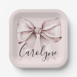Aesthetic coquette pink bow Personalized square Paper Plate