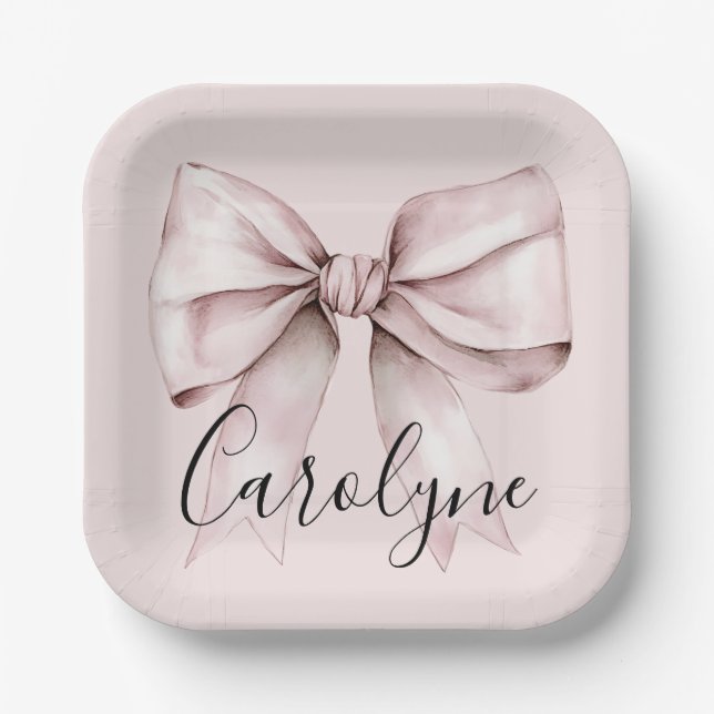 Aesthetic coquette pink bow Personalized square Paper Plate (Front)