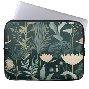 Aesthetic Dark Sage & Peach Floral Illustrative Pa Laptop Sleeve