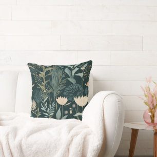Aesthetic Dark Sage & Peach Floral Illustrative Pa Throw Pillow