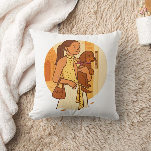 Aesthetic Dog Mom Holding Puppy Illustration Throw Pillow (Blanket)