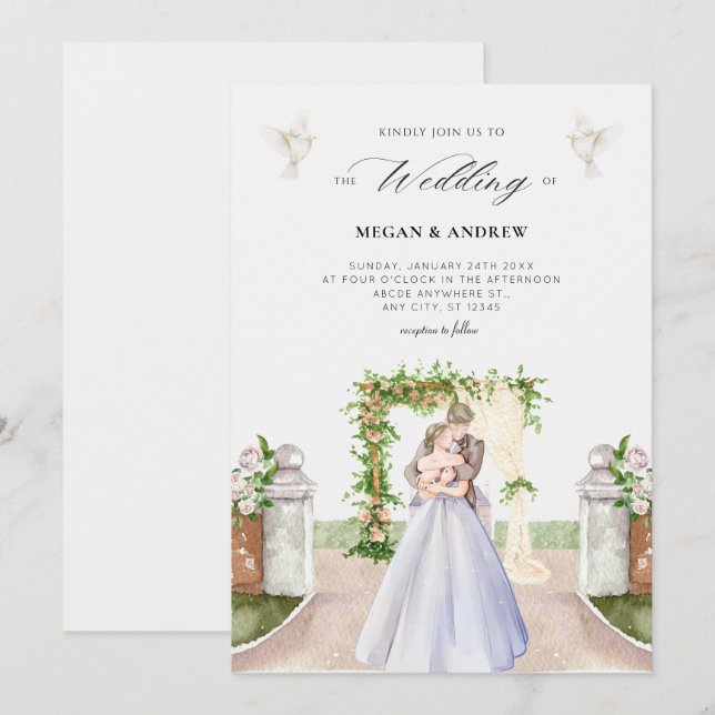 Aesthetic elegant couple wedding garden watercolor invitation (Front/Back)