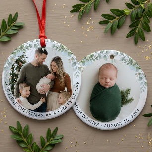 Aesthetic Family of Five First Christmas Photo Ceramic Ornament