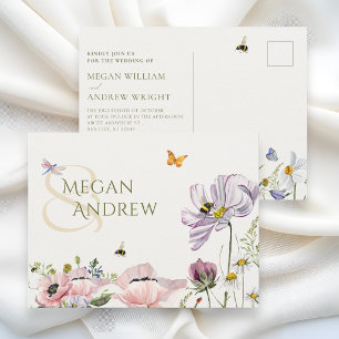 Aesthetic floral bloom bees wedding postcard