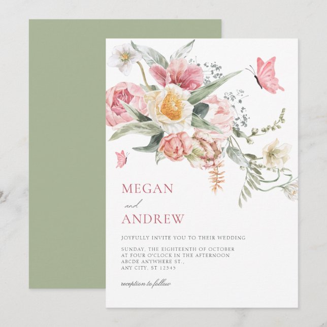 Aesthetic floral pastel watercolor wedding invitation (Front/Back)