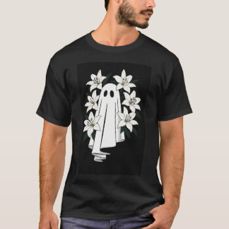 Aesthetic Ghost with White Lilies – Spooky Cute Fl T-Shirt