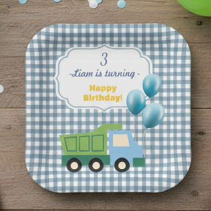 Aesthetic Gingham Blue Construction 3rd Birthday Paper Plate