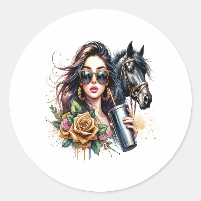 Aesthetic Girl Horse Glitter Roses Classic Round Sticker (Front)