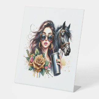 Aesthetic Girl Horse Glitter Roses Pedestal Sign