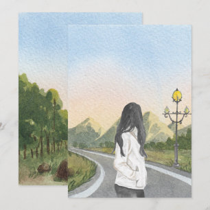 Aesthetic girl on nature landscape  holiday card