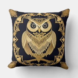 Aesthetic Golden Owl Design – Ornate Symmetry Throw Pillow