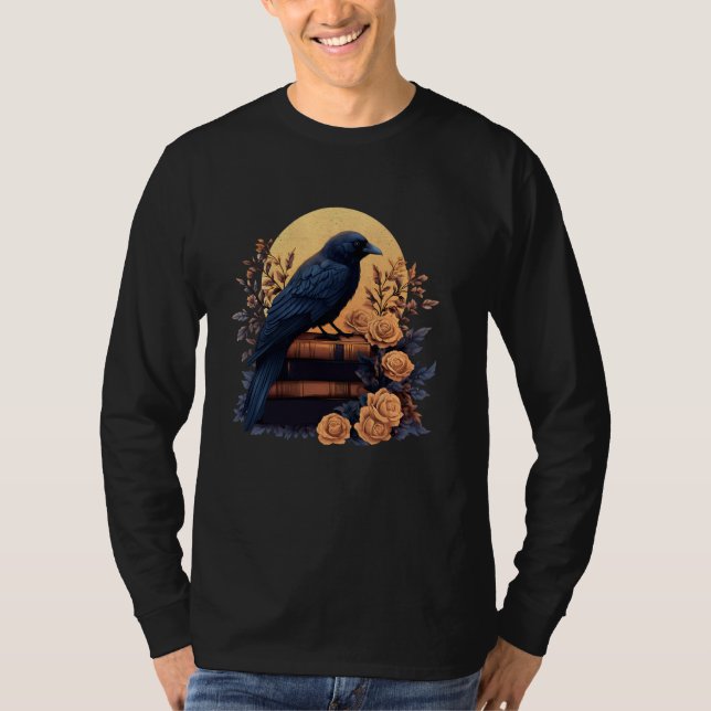 Aesthetic Gothic Raven Sitting On A Stack Of Old B T-Shirt (Front)