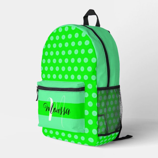 Aesthetic Green Colour - Neon Initial Name Monogra Printed Backpack (Back Corner Right)