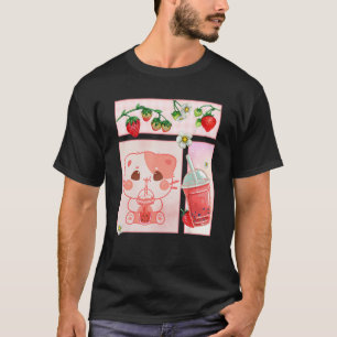 Aesthetic Harajuku Cute Cat Drink Strawberry Boba T-Shirt