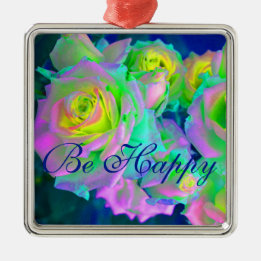 Aesthetic Iridescent Pearly Roses Be Happy Metal Ornament
