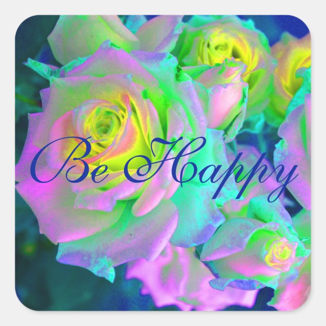  Aesthetic Iridescent Pearly Roses Be Happy Square Sticker (Front)