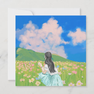 Aesthetic landscape Girl with flowers Holiday Card