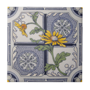 Aesthetic Late Victorian Blue Yellow Floral Repro  Tile