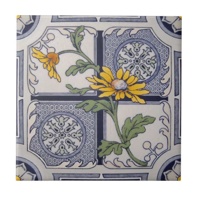 Aesthetic Late Victorian Blue Yellow Floral Repro  Tile (Front)