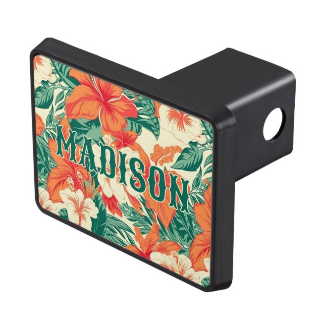 Aesthetic lush topical flowers and leaves pattern trailer hitch cover (Top Right)
