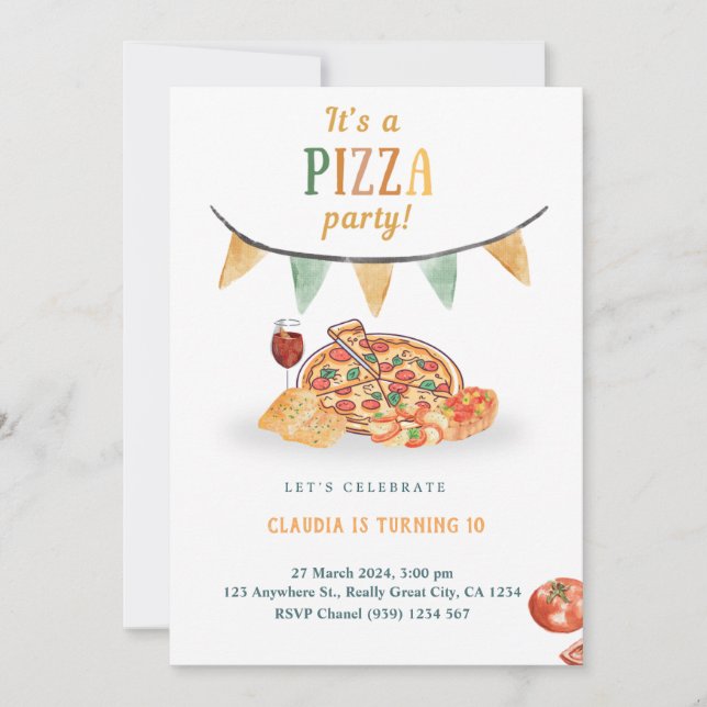 Aesthetic Modern Pizza Party Invitation Card (Front)