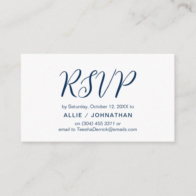 Aesthetic Navy Blue Script, Wedding RSVP respond Enclosure Card (Front)