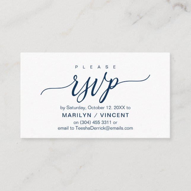 Aesthetic Navy Blue Script, Wedding RSVP respond Enclosure Card (Front)