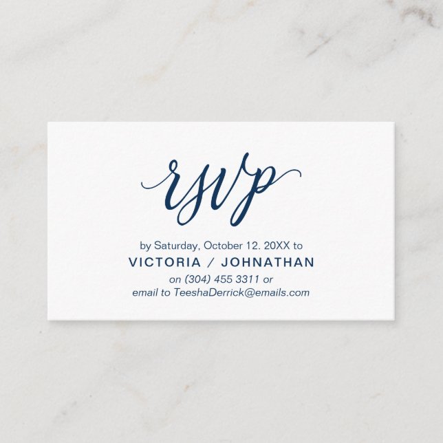 Aesthetic Navy Blue Script, Wedding RSVP respond Enclosure Card (Front)