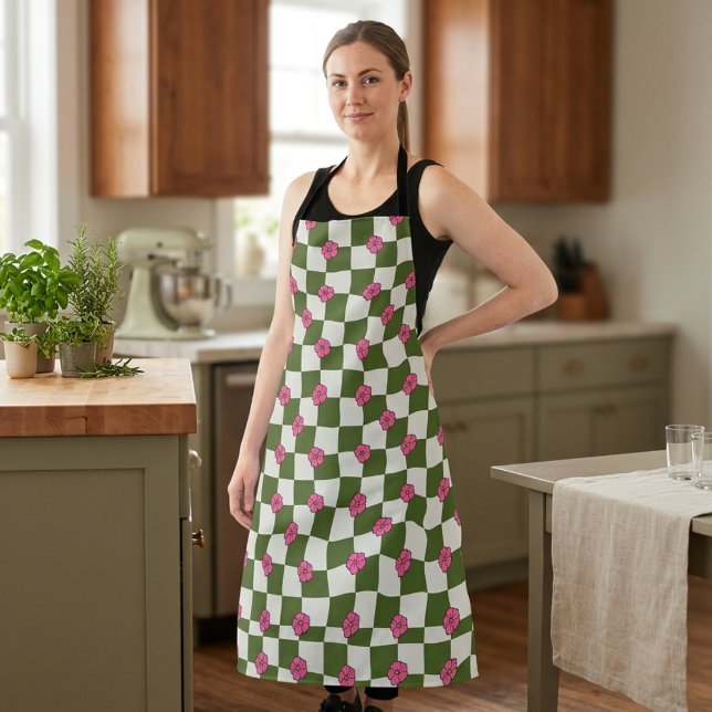 Aesthetic Olive & Pink Floral Chequerboard Apron (Creator Uploaded)
