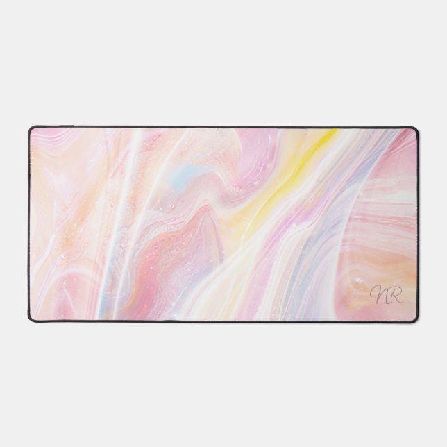 Aesthetic Pastel Blush Pink Yellow Marble Monogram Desk Mat (Front)