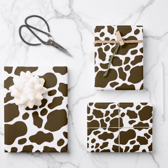 Aesthetic Pastel Brown Cow Print Wrapping Paper Sheet (Front)