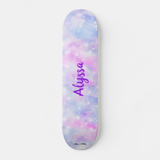 Aesthetic Pastel Clouds Sparkle Personalized Skateboard (Front)